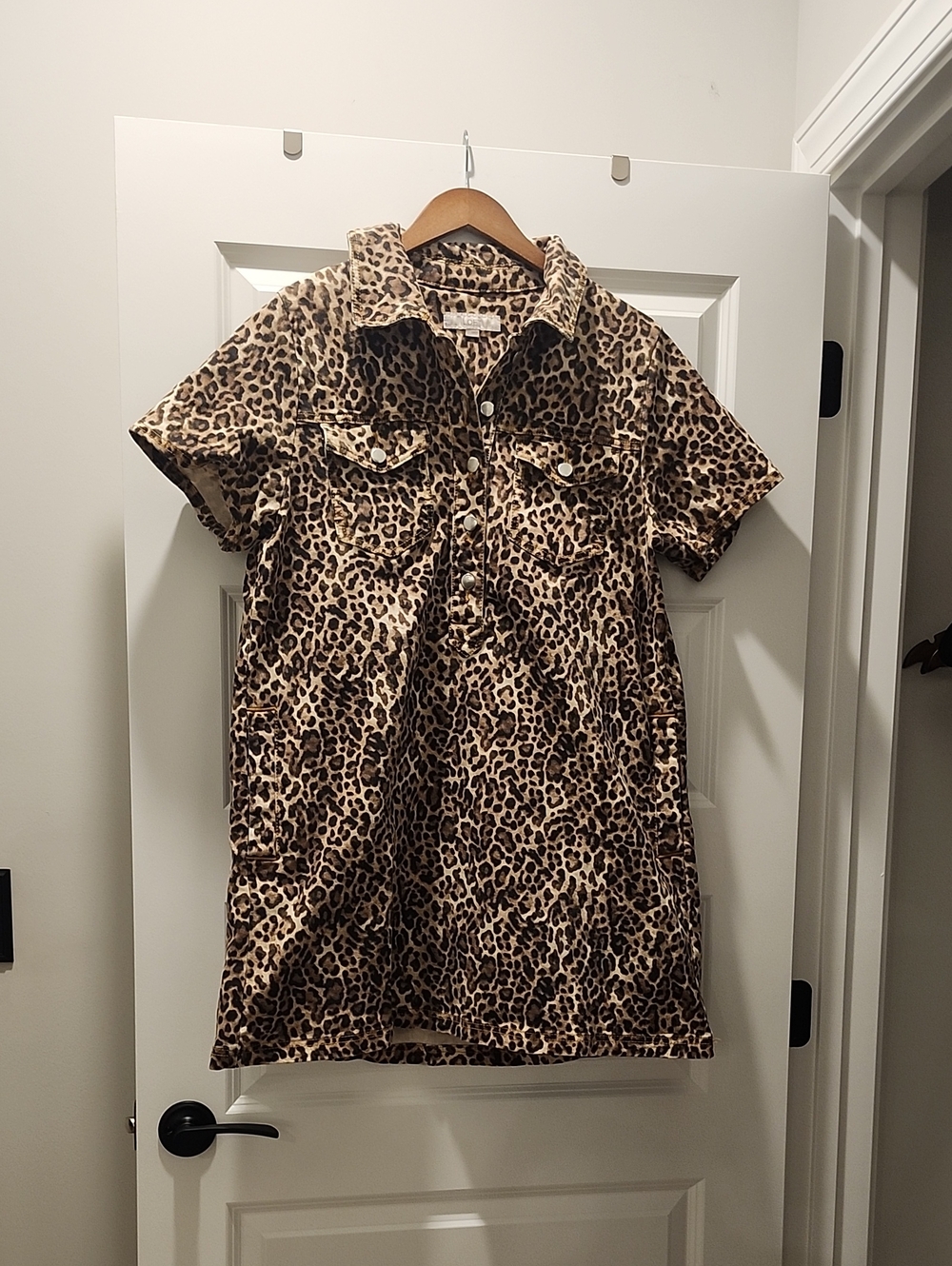 Loft Denim Leopard Print Short-Sleeve Shirt Dress - Brown & Black Size L Large